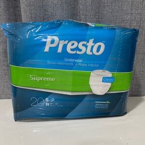 Presto supreme adult disposable underwear size small. Unisex. 25”-32”